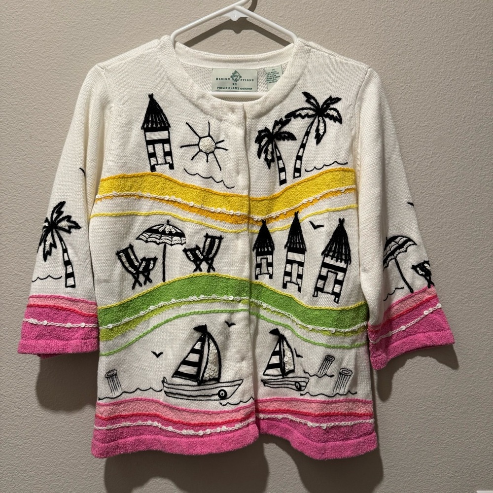 Design Options Philip & Jane Gordon Cardigan Sea Scape Beach Sailboat Grannycore